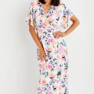 Motherhood Nursing Cream Floral Surplice Front Kimono Sleeve Maxi Dress
